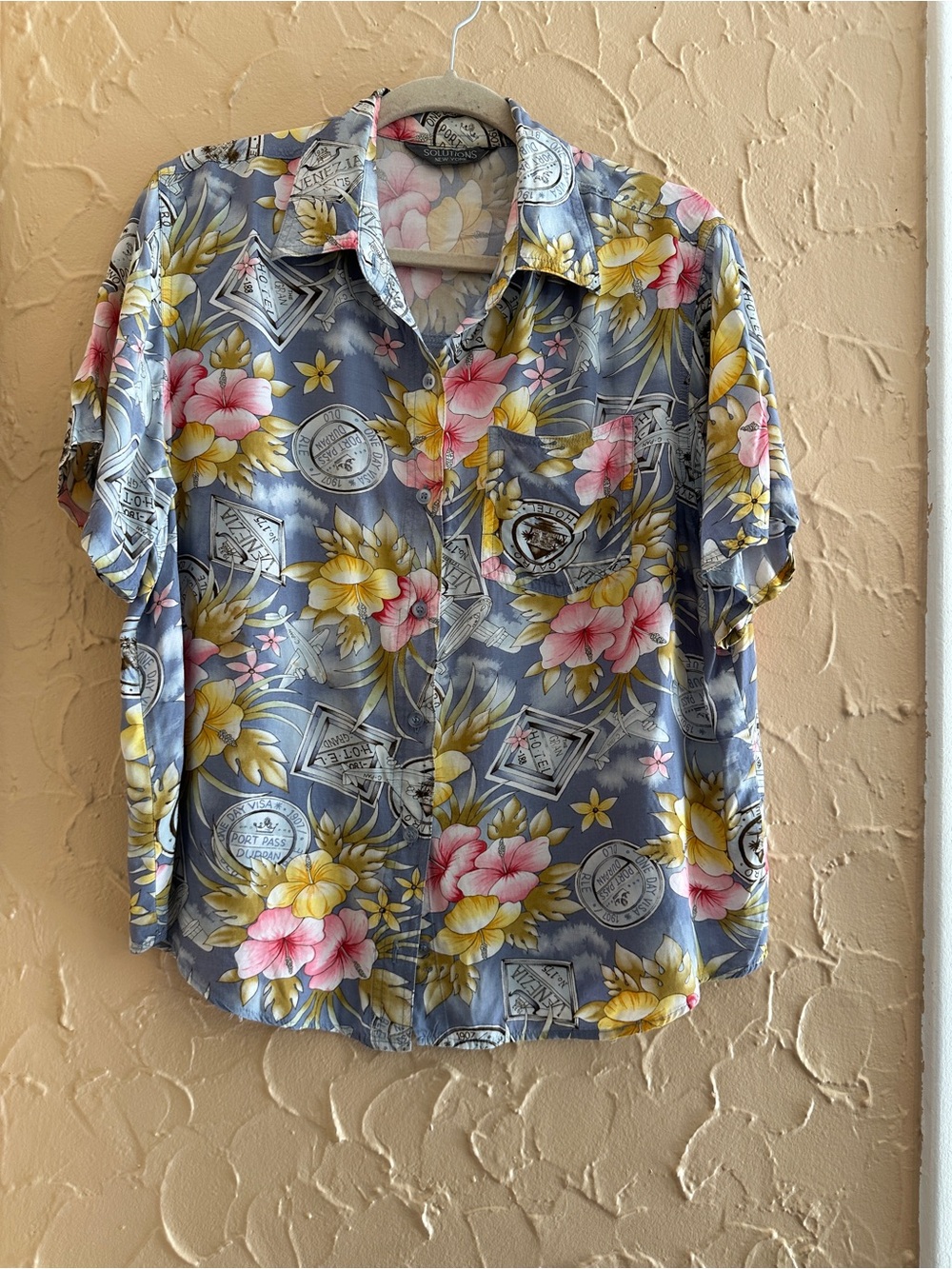Casual Floral Short-Sleeve Button-Up Shirt - Blue with Pink & Yellow Flowers